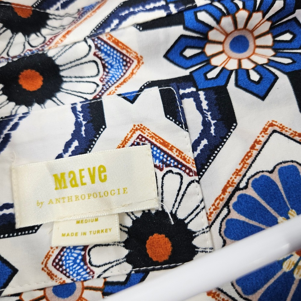 Maeve Anthropologie Bettina Tiered Shirt Dress Blue White Geometric Tile Print M - Picture 3 of 10